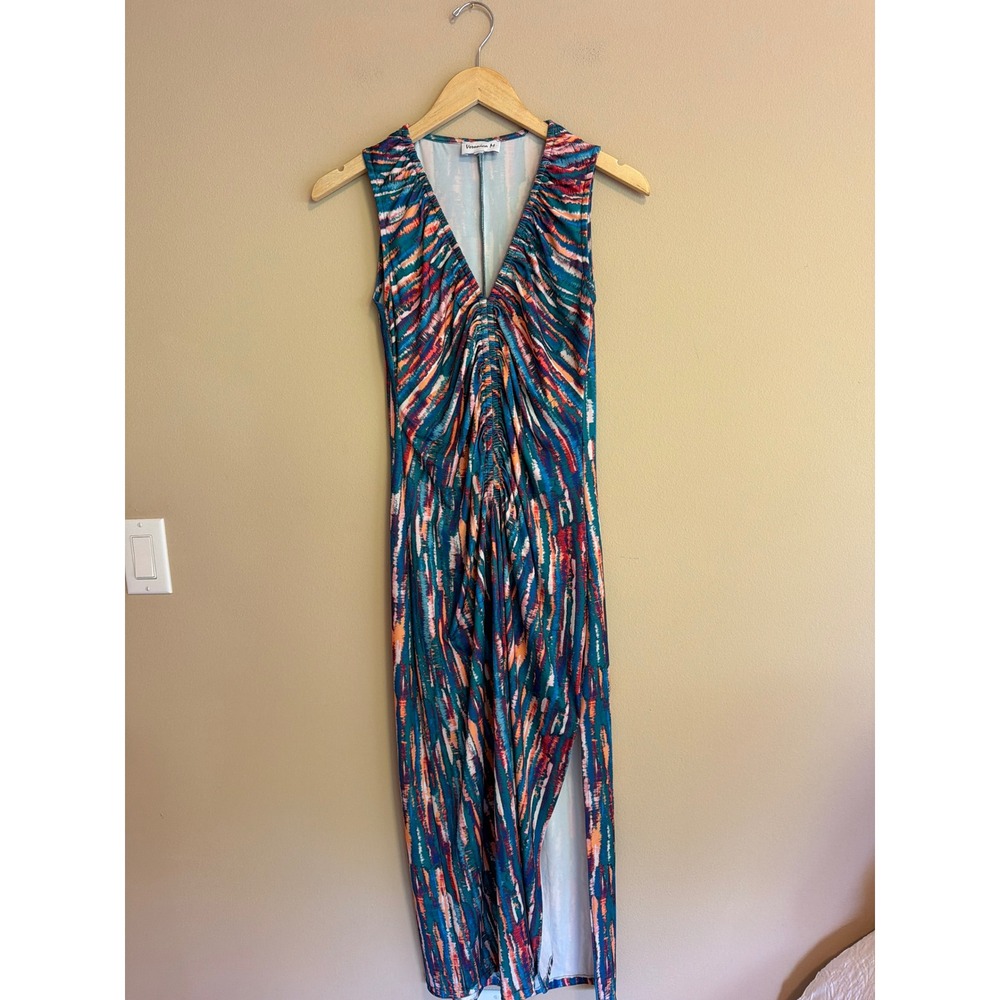 Veronica M Sleeveless Ruched V-Neck Maxi Dress Abstract Print‎ Teal Orange Small
